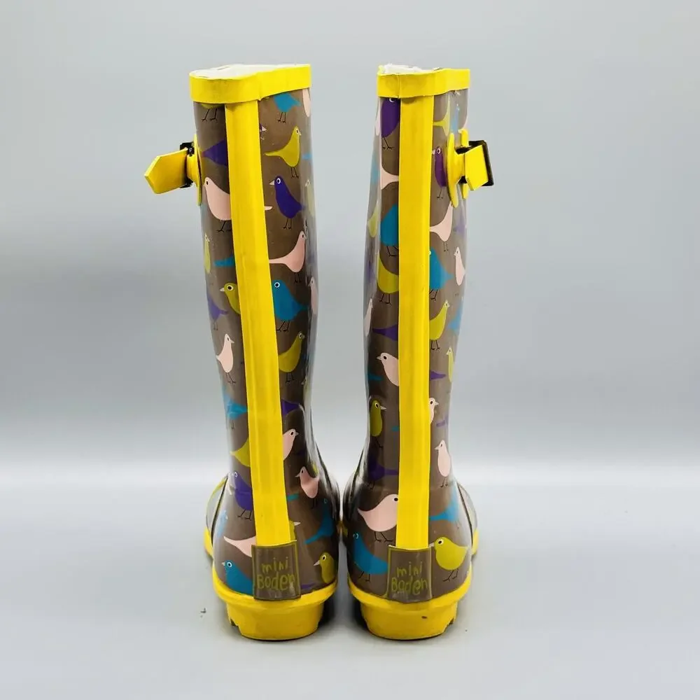 Mini Boden Boots Youth Girls 3 Yellow Brown Rain Bird Print Rubber Tall